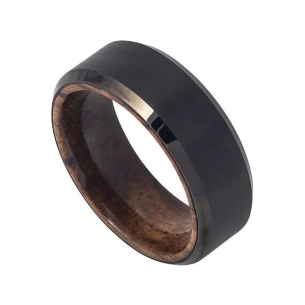 Mahogany Wood Inlay Tungsten Wedding Band - Black Brushed 8mm Ring