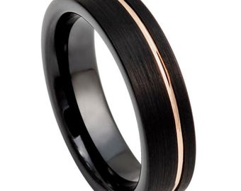 Brushed Black Tungsten Carbide Ring: Rose Gold Inlay, Mens Wedding Band (6mm)