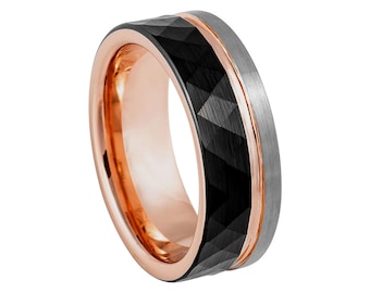Rose Gold Tungsten Ring: Faceted Black Wedding Band, 8mm