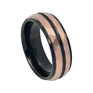 Hammered Rose Gold Ring Mens Wedding Band 8mm Engagement Band Tungsten 18k Rose Gold Wedding Band Polished Edges Black And Rose Gold Ring