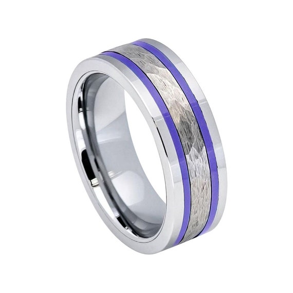 Hammered Ring Mens Wedding Band 8mm Engagement Band Blue Trims | Etsy