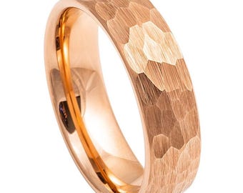 Rose Gold Tungsten Wedding Band: Faceted Hammered Ring, 6mm