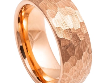 Rose Gold Tungsten Ring: Faceted Hammered Wedding Band, 8mm