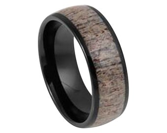 Deer Antler Ring Mens Wedding Band 8mm Engagement Band Tungsten Carbide Black Wedding Band With Deer Antler Hunter Ring For Men Anniversary