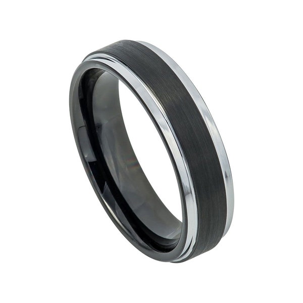 Black Ring Mens Wedding Band 6mm Engagement Band Black And Silver Ring Brushed Black Wedding Band Tungsten Carbide Silver And Black Ring