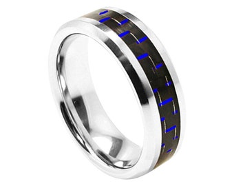 Mens Wedding Band Cobalt Ring 8mm Engagement Band Blue Carbon Fiber Ring Silver Surgical Grade Cobalt Rings Men Carbon Fiber Wedding Band