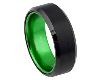 Black And Green Wedding Band Mens Wedding Band 8mm Engagement Ring Brushed Black Tungsten Carbide Green And Black Wedding Band Beveled Edges