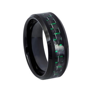 Green Carbon Fiber Ring Mens Wedding Band 8mm Engagement Band High Polished Black Tungsten Carbide Black And Green Ring Carbon Fiber Band