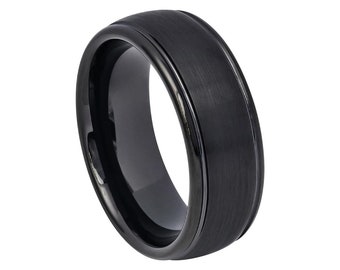 Brushed Black Tungsten Carbide Ring: 8mm Stepped Edge Wedding Band