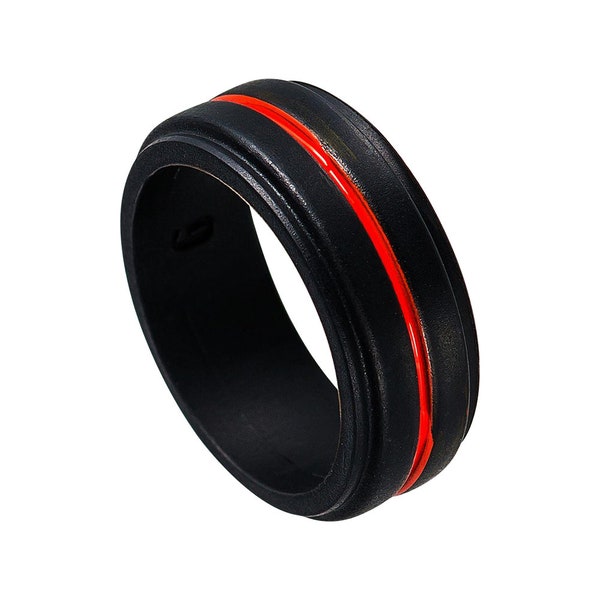 Silicone Ring Alternative Ring Outdoor Rugged Lifestyle Ring Black Wedding Band For Men Red Center Groove Stepped Edges Custom Unique