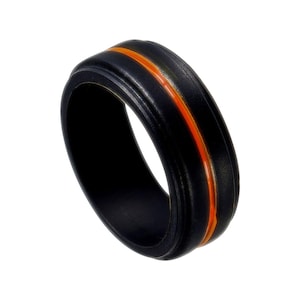 Silicone Ring Alternative Ring Outdoor Rugged Lifestyle Ring Black Wedding Band For Men Orange Center Groove Stepped Edges Custom Unique