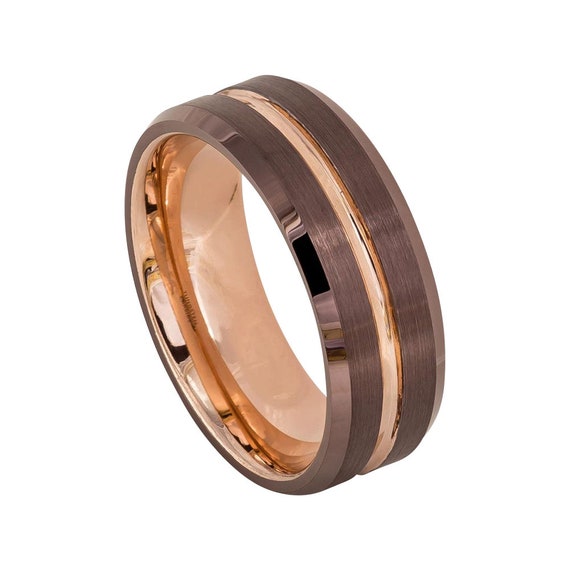 Rose Gold Ring Mens Wedding Band Brown Ring 8mm Engagement Band