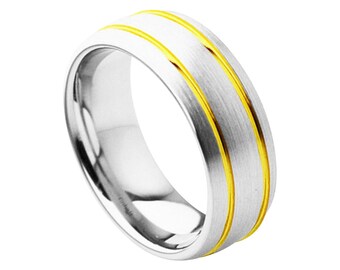 Mens Wedding Band Cobalt Ring 8mm Engagement Band Satin Brushed Ring 18k Yellow Gold Plated Ring Surgical Grade Cobalt Rings For Men