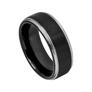 Brushed Black Tungsten Wedding Band - Silver Inlay, 8mm Comfort Fit