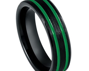 Black Tungsten Wedding Band: Green Stripe, Beveled Edge, 6mm