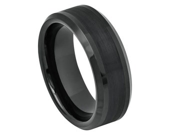 May include: A black tungsten carbide ring with a brushed finish and beveled edges.