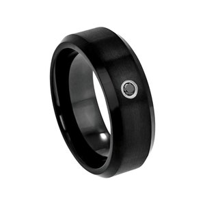 Black Diamond Wedding Band Satin Brushed Ring Mens Wedding Band 8mm Engagement Ring Man Black Diamond Ring Tungsten Carbide Beveled Edges image 1