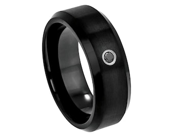 Black Diamond Wedding Band Satin Brushed Ring Mens Wedding Band 8mm Engagement Ring Man Black Diamond Ring Tungsten Carbide Beveled Edges