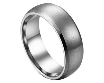 Tungsten Wedding Band Silver Ring Mens Wedding Band 8mm Engagement Ring Brushed Silver Tungsten Carbide Anniversary Polished Beveled Edges