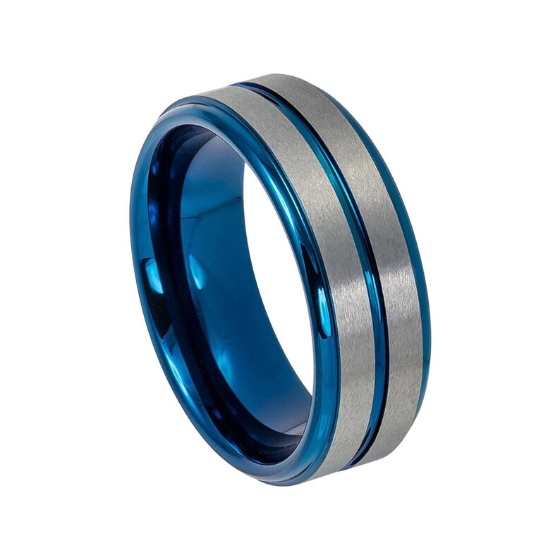 Gunmetal Ring Mens Wedding Band 8mm Engagement Ring Tungsten Carbide Blue Wedding Band Polished Stepped Edges Man Gunmetal Wedding Band