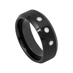 Mens Diamond Wedding Band Tungsten Ring Man Diamond Wedding Band 8mm Brushed Engagement Ring Man Diamond Ring Tungsten Carbide Beveled Edges