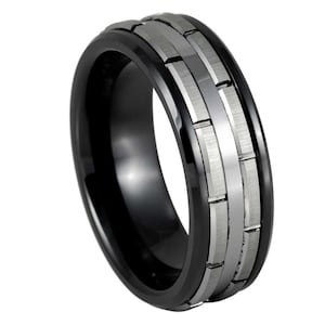 Black Tile Ring Mens Wedding Band 8mm Engagement Band Black And Silver Ring Brushed Silver Wedding Band Tungsten Carbide Tile Grooves Ring