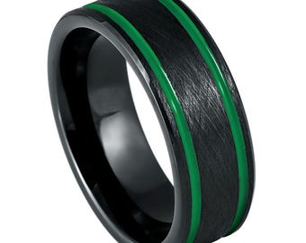 Black Tungsten Carbide Wedding Band: Green Accent Ring, 8mm Beveled Edge