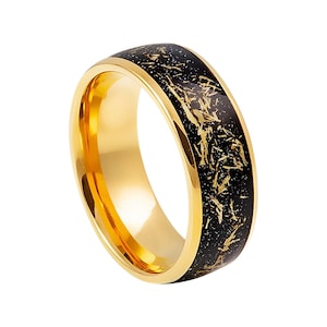 Black Meteorite Tungsten Ring: 18k Gold Mens Wedding Band