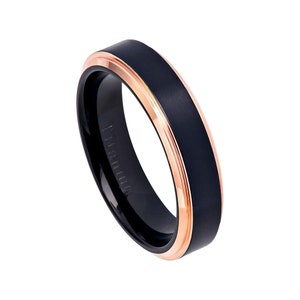 Rose Gold Ring Mens Wedding Band Titanium Ring 6mm Engagement Band Satin Brushed Ring Polished Stepped Edges Mens Black And Rose Gold Ring