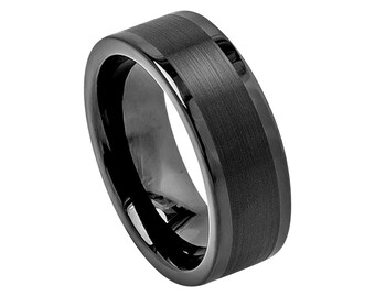 May include: A black tungsten carbide ring with a brushed finish and a beveled edge.