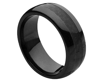 Black Ceramic Ring Mens Wedding Band 8mm Engagement Band Black Carbon Fiber Ring Man Anniversary Ring Domed Black Wedding Band