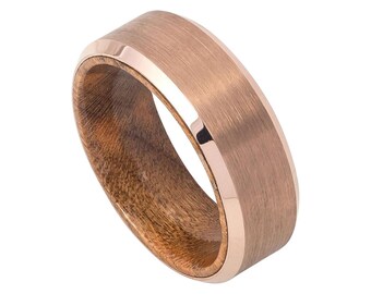 Mahogany Wood Ring Mens Wedding Band Tungsten Carbide 8mm Engagement Band Man Mahogany Wood Wedding Band Brushed Rose Gold Wedding Band