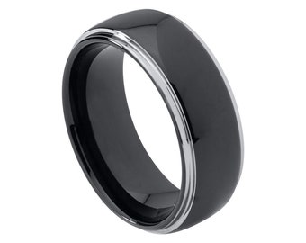 Tungsten Wedding Band Black Ring Mens Wedding Band 8mm Engagement Ring High Polished Domed Man Black And Silver Ring Silver Stepped Edges