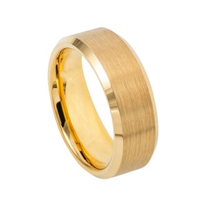 Yellow Gold Ring Mens Wedding Band 8mm Engagement Band Tungsten Carbide Brushed 18k Yellow Gold Wedding Band Polished Beveled Edges Promise
