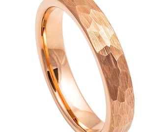 Rose Gold Tungsten Ring: 4mm Faceted Hammered Wedding Band