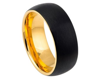 Black Gold Ring Mens Wedding Band 8mm Engagement Band Brushed Black Tungsten Carbide Man Wedding Ring Black Wedding Band 18k Yellow Gold
