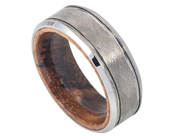 Mahogany Wood Ring Mens Wedding Band Tungsten Carbide 8mm Engagement Band Man Mahogany Wood Wedding Band Silver Brushed Wedding Band Promise