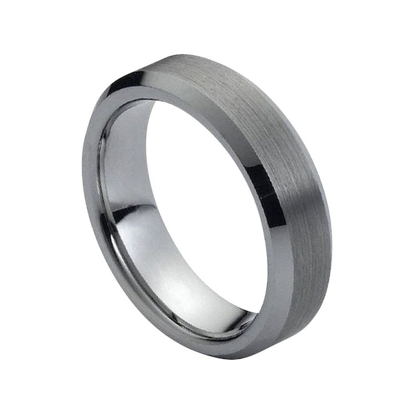 Tungsten Wedding Band Silver Ring Mens Wedding Band 6mm Engagement Ring Brushed Silver Tungsten Carbide Anniversary Polished Beveled Edges