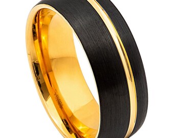 Brushed Black Tungsten Carbide Ring: 18k Gold Inlay, 8mm Wedding Band