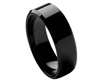 Tungsten Wedding Band Black Ring Mens Wedding Band 8mm Engagement Ring High Polished Black Tungsten Carbide Man Wedding Band Beveled Edges