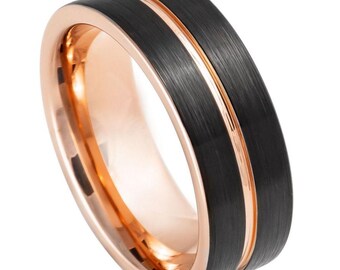 Black Tungsten Carbide Ring: 18k Rose Gold Inlay, Mens Wedding Band