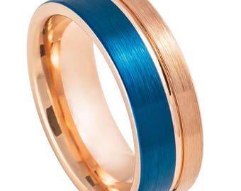Rose Gold Tungsten Carbide Ring: Sand Blasted Blue Wedding Band