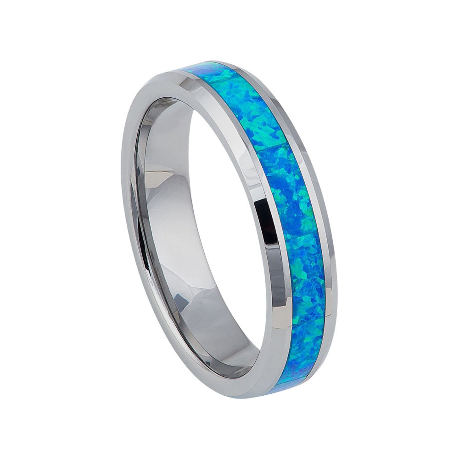 Blue Opal Ring Mens Wedding Band Tungsten Carbide 6mm Engagement Band Blue Opal Ring Mens Wedding Band Tungsten Carbide 6mm Engagement Band