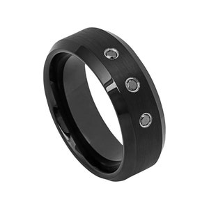 Black Diamond Wedding Band Satin Brushed Ring Mens Wedding Band 8mm Engagement Ring Man Black Diamond Ring Tungsten Carbide Beveled Edges