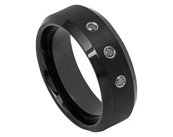Black Diamond Wedding Band Satin Brushed Ring Mens Wedding Band 8mm Engagement Ring Man Black Diamond Ring Tungsten Carbide Beveled Edges