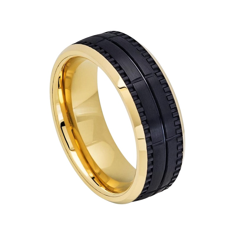 Yellow Gold Ring Mens Wedding Band 8mm Engagement Band Tungsten Carbide 18k Yellow Gold Wedding Band Polished Edges Black And Gold Ring