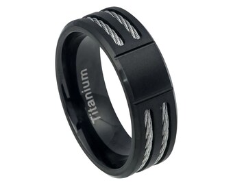 Mens Wedding Band Titanium Ring 8mm Engagement Band Satin Brushed Ring Polished Beveled Edges Anniversary Rings For Men Black Wedding Ring
