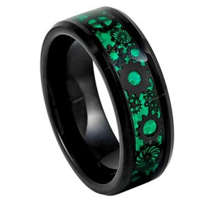 Green Carbon Fiber Gears Ring Mens Wedding Band 8mm Engagement Band Polished Black Tungsten Carbide Black & Green Ring Carbon Fiber Band