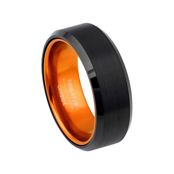 Black And Orange Wedding Band Mens Wedding Band 8mm Engagement Ring Brushed Black Tungsten Carbide Orange Black Wedding Band Beveled Edges