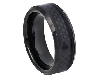 Black Ceramic Ring Mens Wedding Band 8mm Engagement Band Black Carbon Fiber Ring Man Anniversary Ring Black Wedding Band